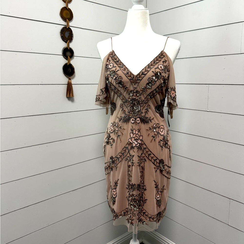 NWT Aidan Mattox Floral Embellished Midi Dress in Brown and Pink